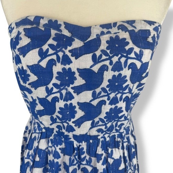 Old Navy Strapless Dress Womens Size 12 Bird Print Blue White Summer Cottagecore - Picture 6 of 12